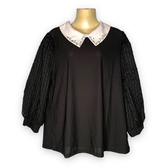 Goth Wednesday Addams Style Shirt Peter Pan Embellished Collar Blouse Textured - Picture 1 of 7